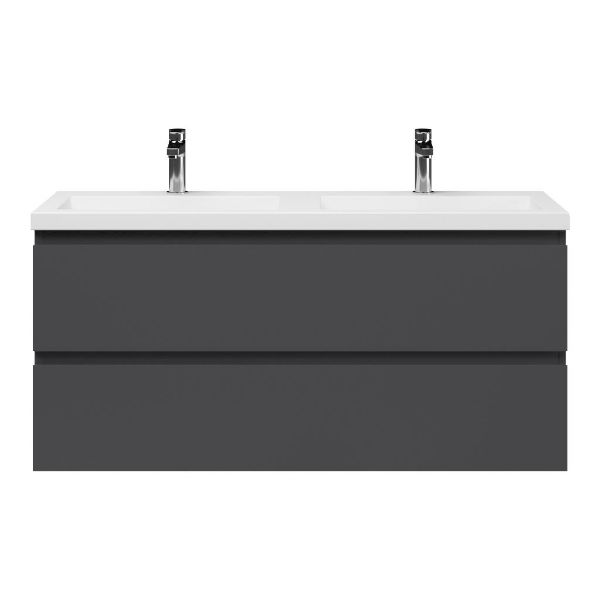 Bellanti Secca/Esta ondiep badmeubel 120x36 2 softclose laden mat antraciet greeploos polystone wastafel dubbel wit met 2 kraangaten