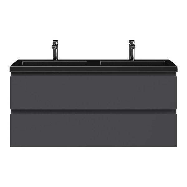 Bellanti Secca/Esta ondiep badmeubel 120x36 2 softclose laden mat antraciet greeploos polystone wastafel dubbel mat zwart met 2 kraangaten