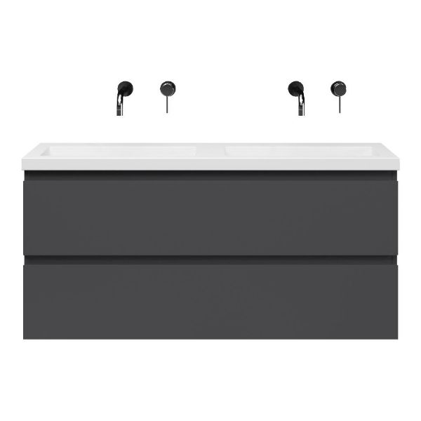 Bellanti Secca/Esta ondiep badmeubel 120x36 2 softclose laden mat antraciet greeploos polystone wastafel dubbel wit zonder kraangaten
