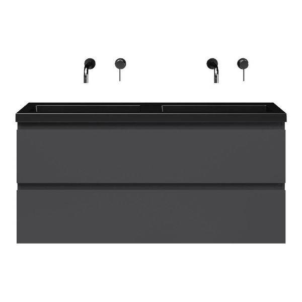 Bellanti Secca/Esta ondiep badmeubel 120x36 2 softclose laden mat antraciet greeploos polystone wastafel dubbel mat zwart zonder kraangaten