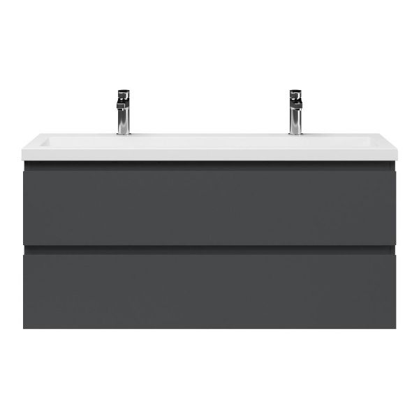 Bellanti Secca/Esta ondiep badmeubel 120x36 2 softclose laden mat antraciet greeploos polystone wastafel wit met 2 kraangaten