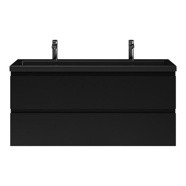 Bellanti Secca/Esta ondiep badmeubel 120x36 2 softclose laden mat zwart greeploos polystone wastafel mat zwart met 2 kraangaten