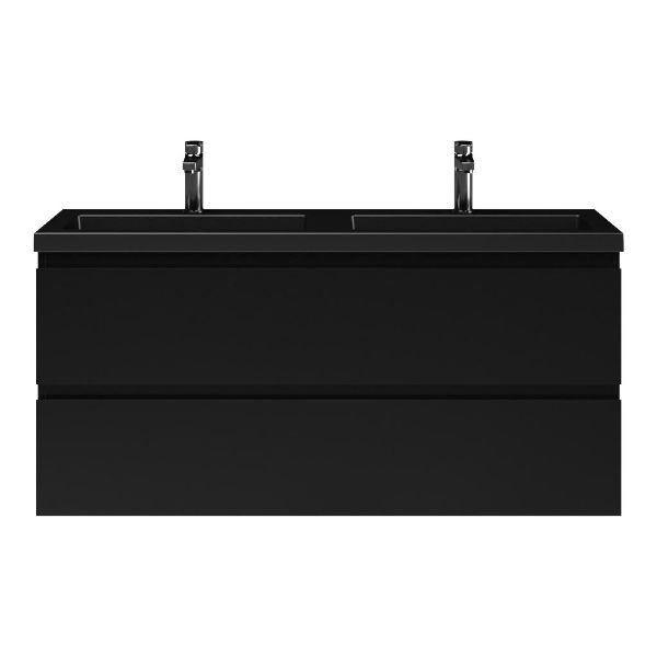 Bellanti Secca/Esta ondiep badmeubel 120x36 2 softclose laden mat zwart greeploos polystone wastafel dubbel mat zwart met 2 kraangaten