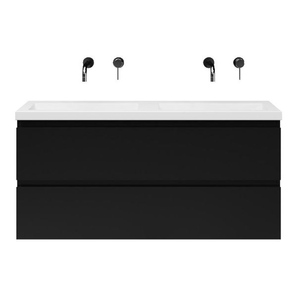 Bellanti Secca/Esta ondiep badmeubel 120x36 2 softclose laden mat zwart greeploos polystone wastafel dubbel wit zonder kraangaten