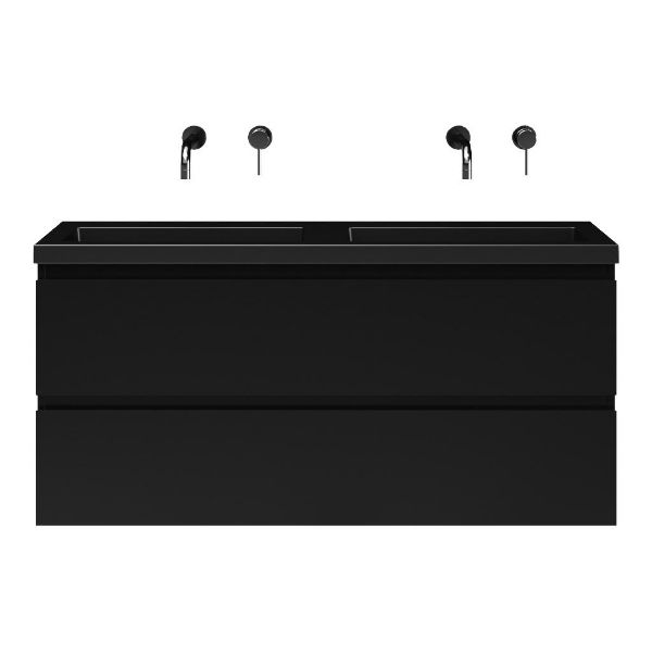 Bellanti Secca/Esta ondiep badmeubel 120x36 2 softclose laden mat zwart greeploos polystone wastafel dubbel mat zwart zonder kraangaten