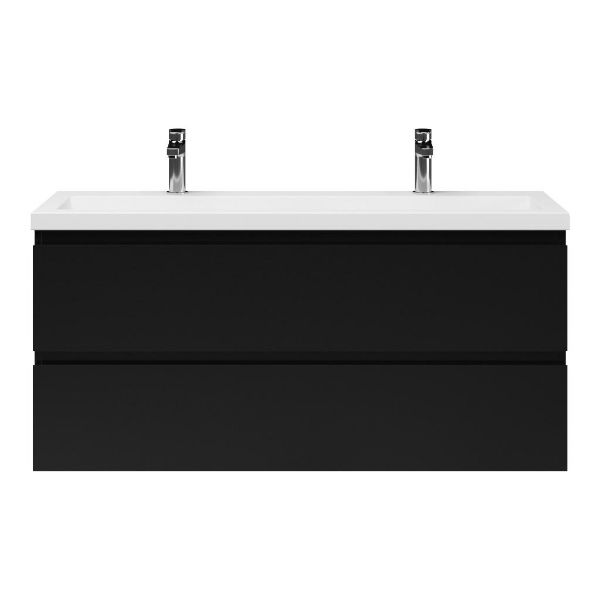 Bellanti Secca/Esta ondiep badmeubel 120x36 2 softclose laden mat zwart greeploos polystone wastafel wit met 2 kraangaten