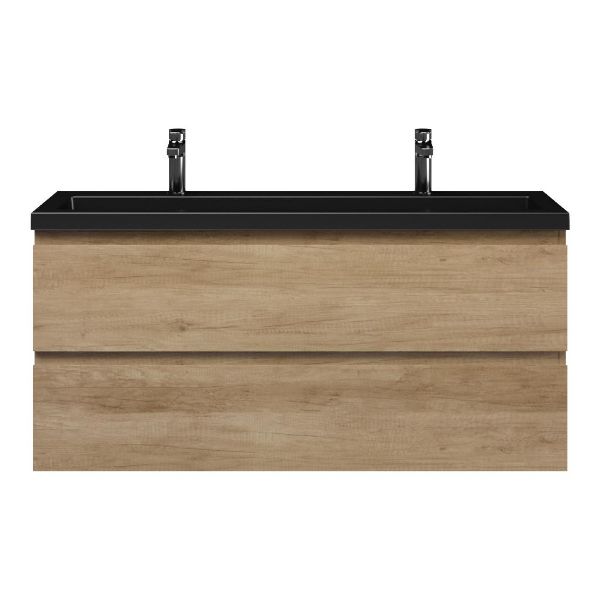 Bellanti Secca/Esta ondiep badmeubel 120x36 2 softclose laden olm greeploos polystone wastafel mat zwart met 2 kraangaten