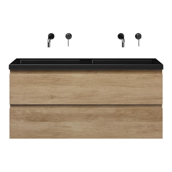 Bellanti Secca/Esta ondiep badmeubel 120x36 2 softclose laden olm greeploos polystone wastafel dubbel mat zwart zonder kraangaten
