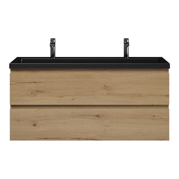 Bellanti Secca/Esta ondiep badmeubel 120x36 2 softclose laden natuur eiken greeploos polystone wastafel mat zwart met 2 kraangaten