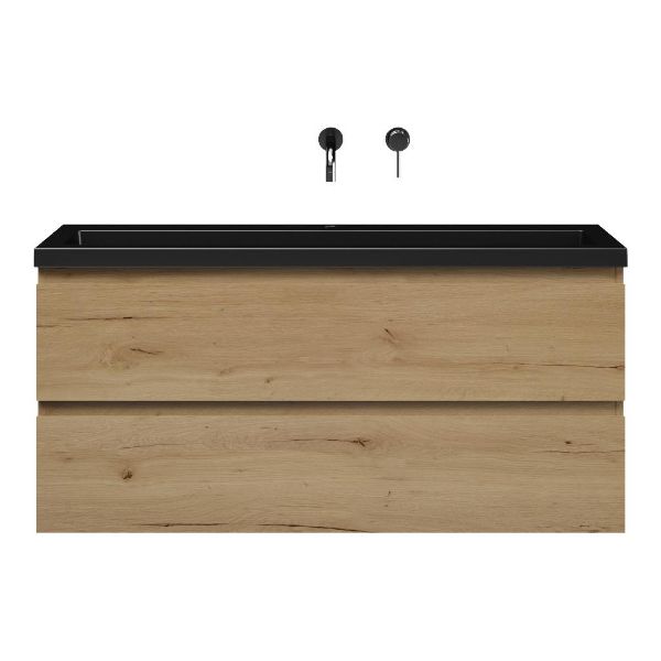 Bellanti Secca/Esta ondiep badmeubel 120x36 2 softclose laden natuur eiken greeploos polystone wastafel mat zwart zonder kraangaten