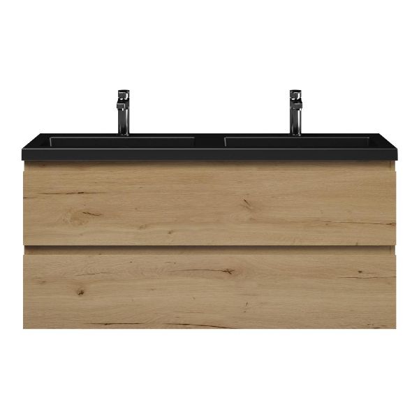 Bellanti Secca/Esta ondiep badmeubel 120x36 2 softclose laden natuur eiken greeploos polystone wastafel dubbel mat zwart met 2 kraangaten
