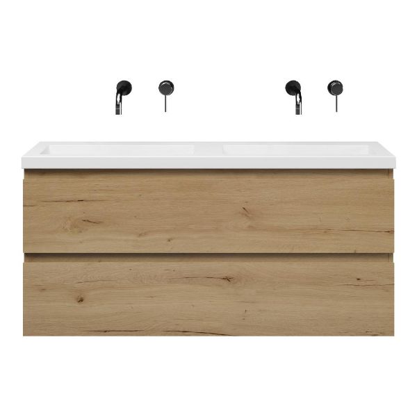 Bellanti Secca/Esta ondiep badmeubel 120x36 2 softclose laden natuur eiken greeploos polystone wastafel dubbel wit zonder kraangaten