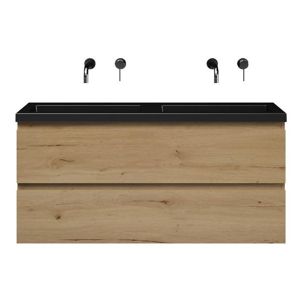 Bellanti Secca/Esta ondiep badmeubel 120x36 2 softclose laden natuur eiken greeploos polystone wastafel dubbel mat zwart zonder kraangaten