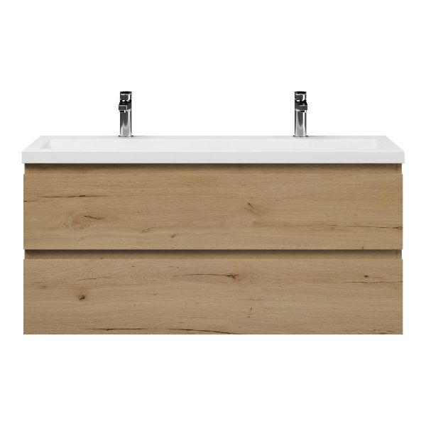 Bellanti Secca/Esta ondiep badmeubel 120x36 2 softclose laden natuur eiken greeploos polystone wastafel wit met 2 kraangaten