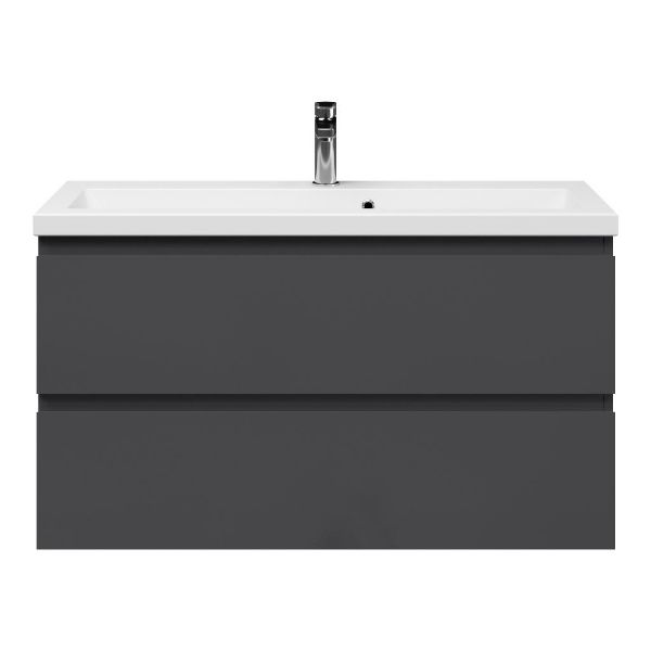 Bellanti Secca/Amelia ondiep badmeubel 100x36 2 softclose laden antraciet hoogglans greeploos keramische wastafel wit met 1 kraangat