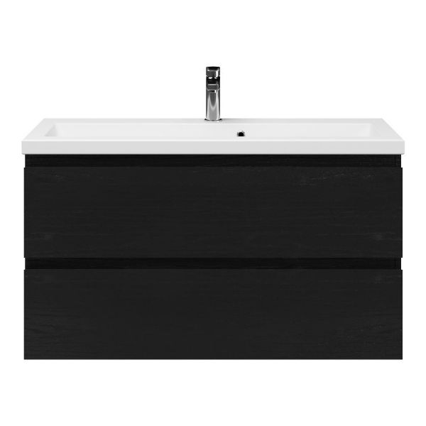 Bellanti Secca/Amelia ondiep badmeubel 100x36 2 softclose laden zwart eiken greeploos keramische wastafel wit met 1 kraangat