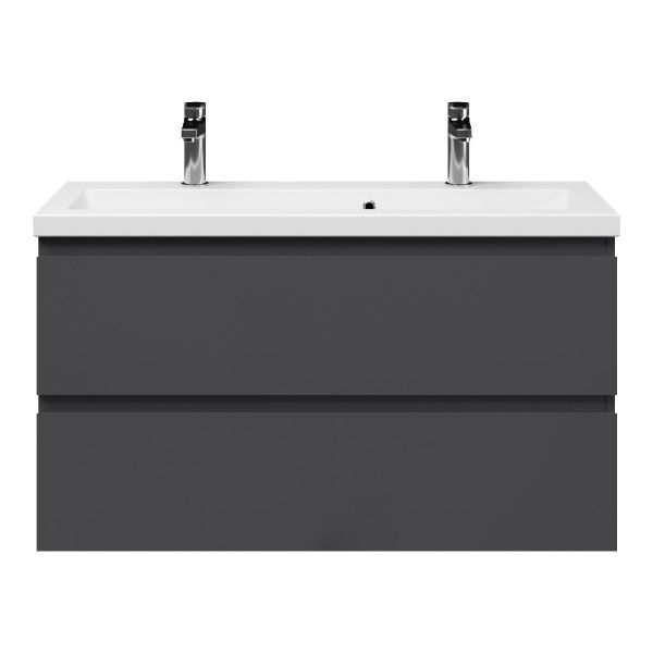 Bellanti Secca/Amelia ondiep badmeubel 100x36 2 softclose laden antraciet hoogglans greeploos keramische wastafel wit met 2 kraangaten
