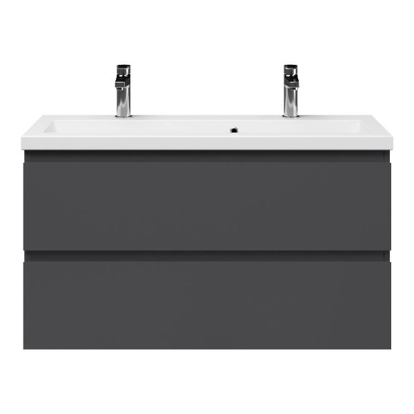 Bellanti Secca/Amelia ondiep badmeubel 100x36 2 softclose laden antraciet mat greeploos keramische wastafel wit met 2 kraangaten