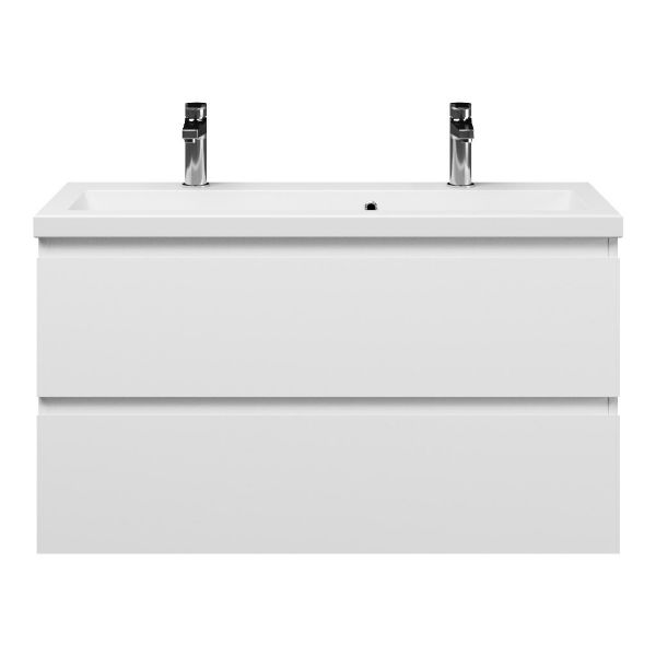 Bellanti Secca/Amelia ondiep badmeubel 100x36 2 softclose laden wit mat greeploos keramische wastafel wit met 2 kraangaten