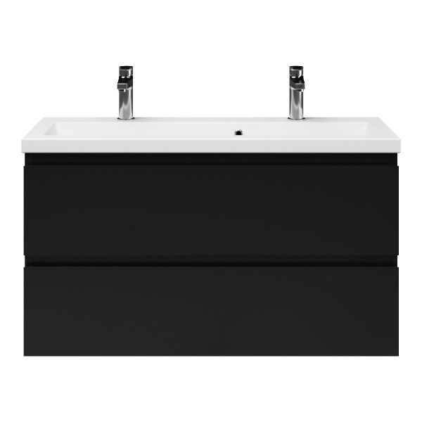 Bellanti Secca/Amelia ondiep badmeubel 100x36 2 softclose laden zwart mat greeploos keramische wastafel wit met 2 kraangaten
