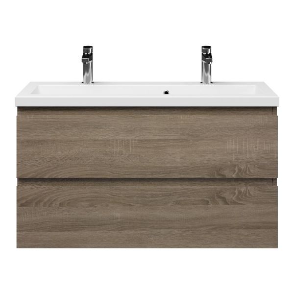 Bellanti Secca/Amelia ondiep badmeubel 100x36 2 softclose laden donker eiken greeploos keramische wastafel wit met 2 kraangaten