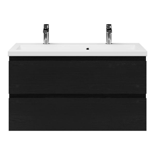 Bellanti Secca/Amelia ondiep badmeubel 100x36 2 softclose laden zwart eiken greeploos keramische wastafel wit met 2 kraangaten