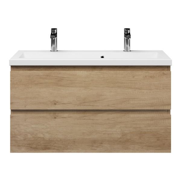 Bellanti Secca/Amelia ondiep badmeubel 100x36 2 softclose laden olm greeploos keramische wastafel wit met 2 kraangaten