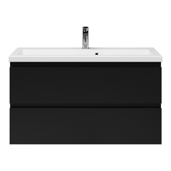 Bellanti Secca/Amelia ondiep badmeubel 100x36 2 softclose laden zwart mat greeploos keramische wastafel mat wit met 1 kraangat