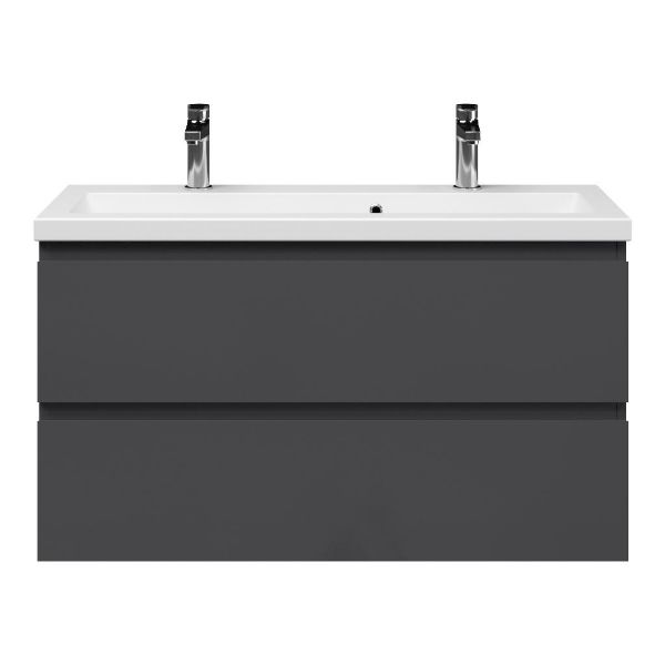 Bellanti Secca/Amelia ondiep badmeubel 100x36 2 softclose laden antraciet hoogglans greeploos keramische wastafel mat wit met 2 kraangaten