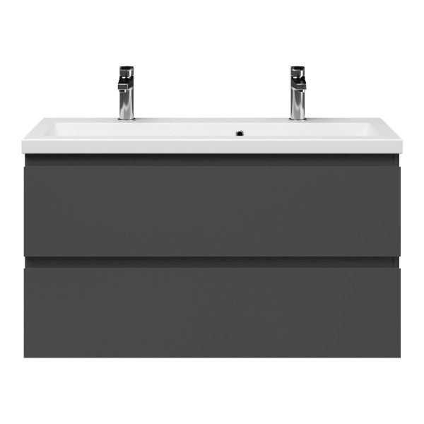 Bellanti Secca/Amelia ondiep badmeubel 100x36 2 softclose laden antraciet mat greeploos keramische wastafel mat wit met 2 kraangaten