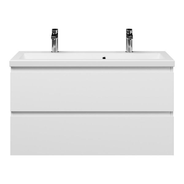 Bellanti Secca/Amelia ondiep badmeubel 100x36 2 softclose laden wit mat greeploos keramische wastafel mat wit met 2 kraangaten