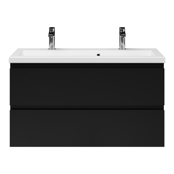 Bellanti Secca/Amelia ondiep badmeubel 100x36 2 softclose laden zwart mat greeploos keramische wastafel mat wit met 2 kraangaten