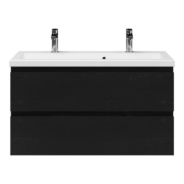 Bellanti Secca/Amelia ondiep badmeubel 100x36 2 softclose laden zwart eiken greeploos keramische wastafel mat wit met 2 kraangaten