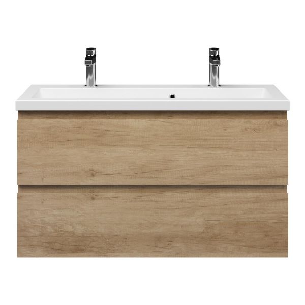Bellanti Secca/Amelia ondiep badmeubel 100x36 2 softclose laden olm greeploos keramische wastafel mat wit met 2 kraangaten