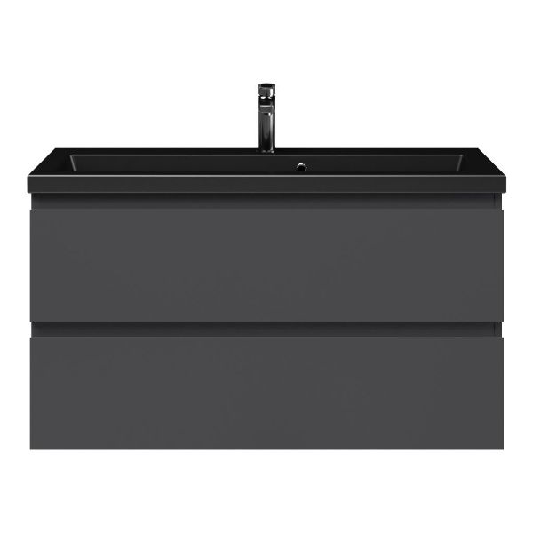 Bellanti Secca/Amelia ondiep badmeubel 100x36 2 softclose laden antraciet mat greeploos keramische wastafel mat zwart met 1 kraangaten