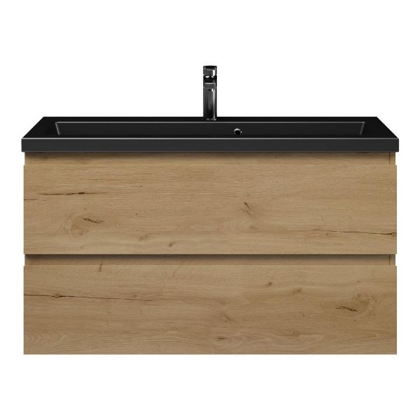 Bellanti Secca/Amelia ondiep badmeubel 100x36 2 softclose laden eiken natuur greeploos keramische wastafel mat zwart met 1 kraangaten