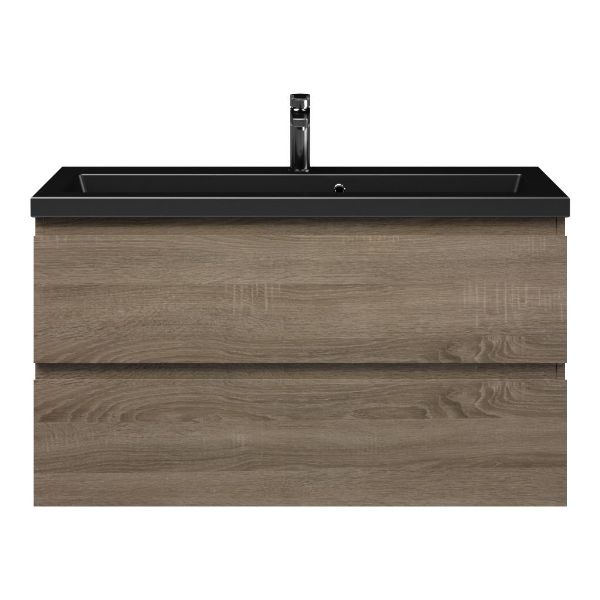 Bellanti Secca/Amelia ondiep badmeubel 100x36 2 softclose laden donker eiken greeploos keramische wastafel mat zwart met 1 kraangaten