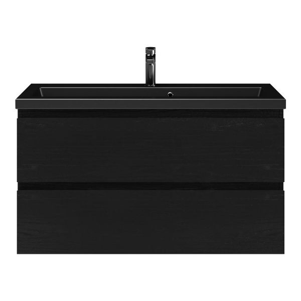 Bellanti Secca/Amelia ondiep badmeubel 100x36 2 softclose laden zwart eiken greeploos keramische wastafel mat zwart met 1 kraangaten