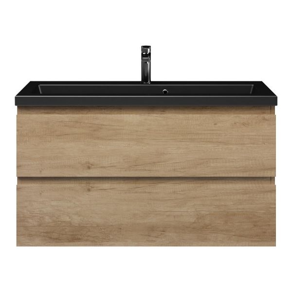 Bellanti Secca/Amelia ondiep badmeubel 100x36 2 softclose laden olm greeploos keramische wastafel mat zwart met 1 kraangaten