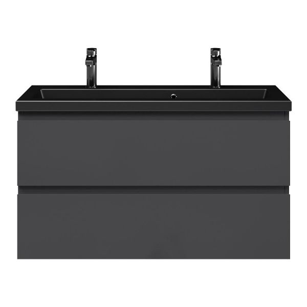 Bellanti Secca/Amelia ondiep badmeubel 100x36 2 softclose laden antraciet hoogglans greeploos keramische wastafel mat zwart met 2 kraangaten