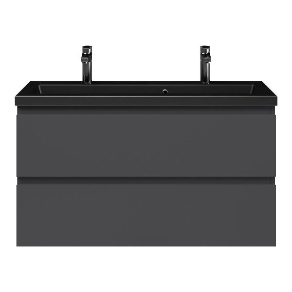 Bellanti Secca/Amelia ondiep badmeubel 100x36 2 softclose laden antraciet mat greeploos keramische wastafel mat zwart met 2 kraangaten