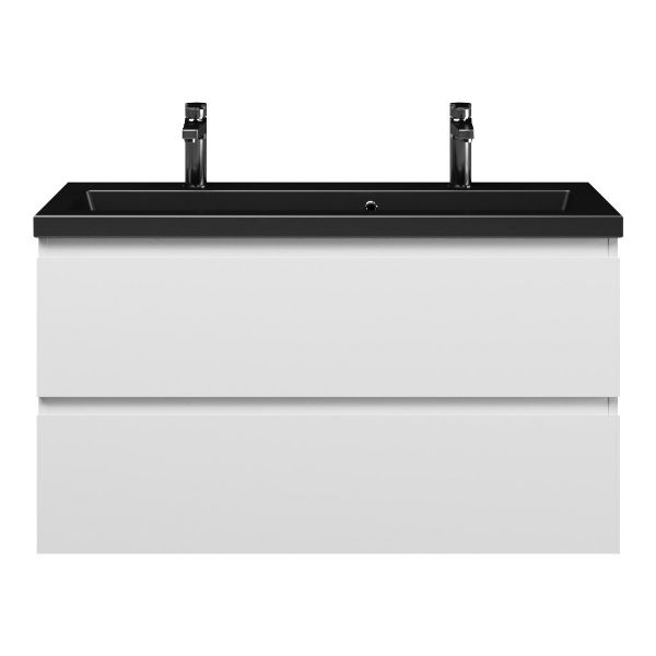 Bellanti Secca/Amelia ondiep badmeubel 100x36 2 softclose laden wit mat greeploos keramische wastafel mat zwart met 2 kraangaten