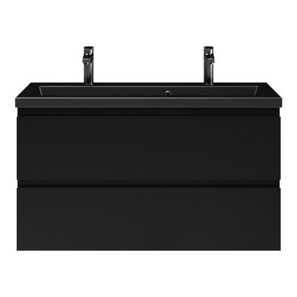 Bellanti Secca/Amelia ondiep badmeubel 100x36 2 softclose laden zwart mat greeploos keramische wastafel mat zwart met 2 kraangaten