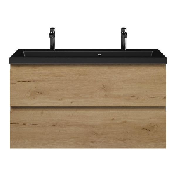 Bellanti Secca/Amelia ondiep badmeubel 100x36 2 softclose laden eiken natuur greeploos keramische wastafel mat zwart met 2 kraangaten