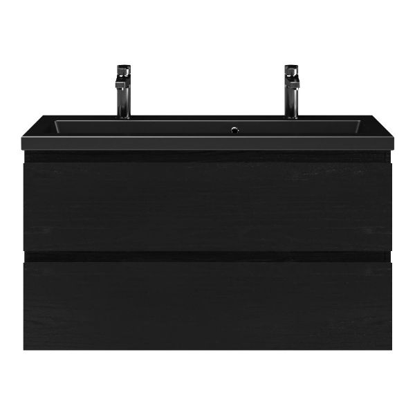 Bellanti Secca/Amelia ondiep badmeubel 100x36 2 softclose laden zwart eiken greeploos keramische wastafel mat zwart met 2 kraangaten