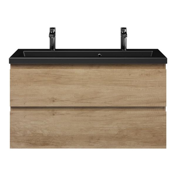 Bellanti Secca/Amelia ondiep badmeubel 100x36 2 softclose laden olm greeploos keramische wastafel mat zwart met 2 kraangaten