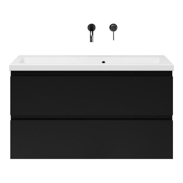 Bellanti Secca/Amelia ondiep badmeubel 100x36 2 softclose laden zwart mat greeploos keramische wastafel wit zonder kraangaten