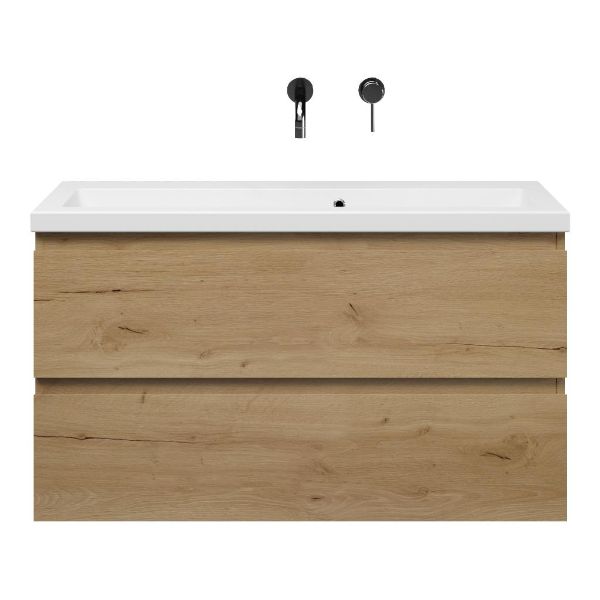 Bellanti Secca/Amelia ondiep badmeubel 100x36 2 softclose laden eiken natuur greeploos keramische wastafel wit zonder kraangaten