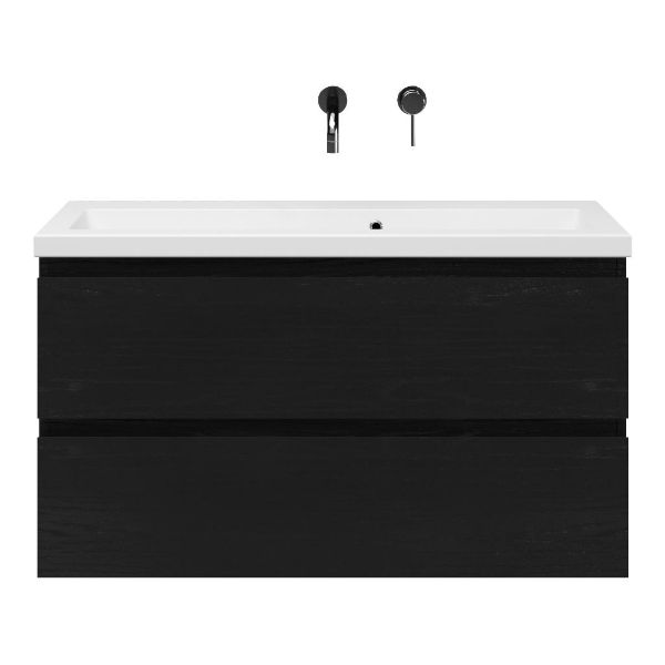 Bellanti Secca/Amelia ondiep badmeubel 100x36 2 softclose laden zwart eiken greeploos keramische wastafel wit zonder kraangaten