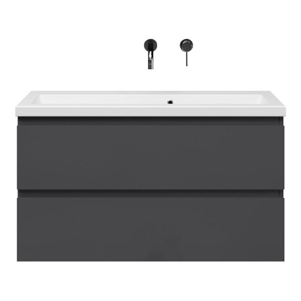 Bellanti Secca/Amelia ondiep badmeubel 100x36 2 softclose laden antraciet hoogglans greeploos keramische wastafel mat wit zonder kraangaten